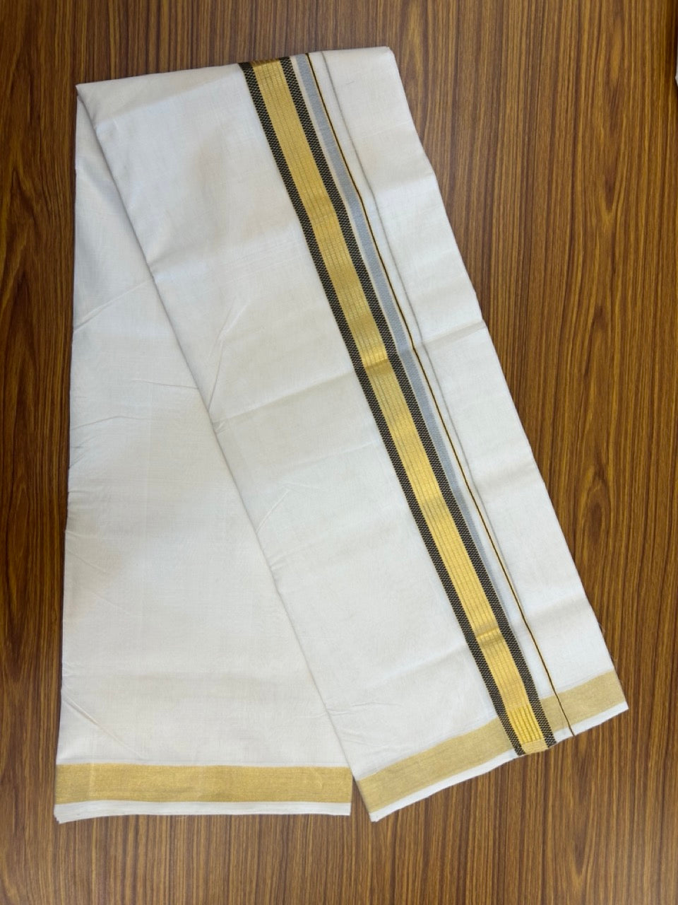 25% Discount!! KaithariKada Handloom Unakkupaav Balaramapuram - 100% Pure Cotton Off White Double - (Unbleached) Mundu/Dothi -80x90 - 1.75 Inch Gold Kasav & Black Jacquard Stripes kara 4mtr (8.5 muzham) - 15 KK5267 ABH