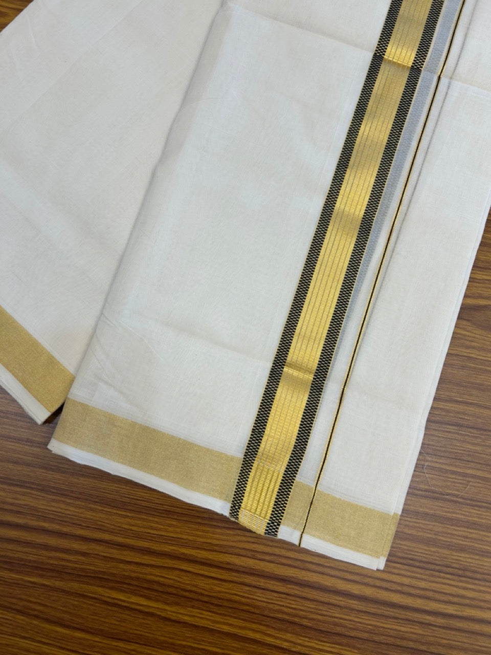 25% Discount!! KaithariKada Handloom Unakkupaav Balaramapuram - 100% Pure Cotton Off White Double - (Unbleached) Mundu/Dothi -80x90 - 1.75 Inch Gold Kasav & Black Jacquard Stripes kara 4mtr (8.5 muzham) - 15 KK5267 ABH