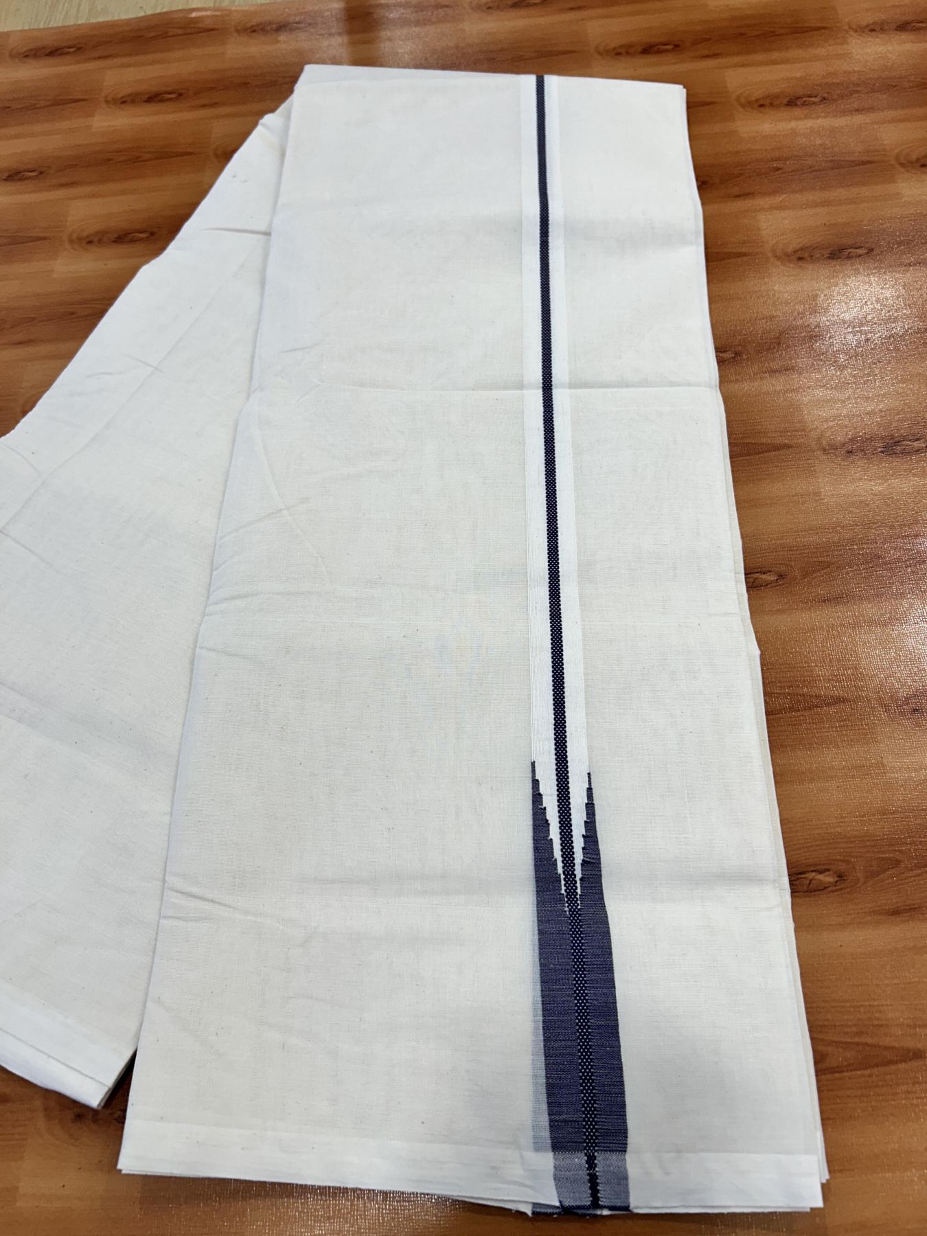 Double Off white Mundu/Dhoti - 20% Discount! KaithariKada Balaramapuram - 100% Cotton 100x100 - 1 inch Deep Violet Chutty Kara - 4 mtr (8.5 muzham) - 11 KK5407 ASH