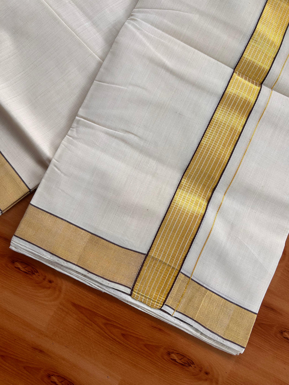 25% Discount KaithariKada Handloom Unakkupaav - Kerala Handloom - 100% Pure Cotton off white (Unbleached) Double Mundu/Dhoti - (80X90) - 1.25 inch Gold Kasav & Dark Brown Striped Kara 3.75 mtr (8 muzham) - 8 KK5524 ELA