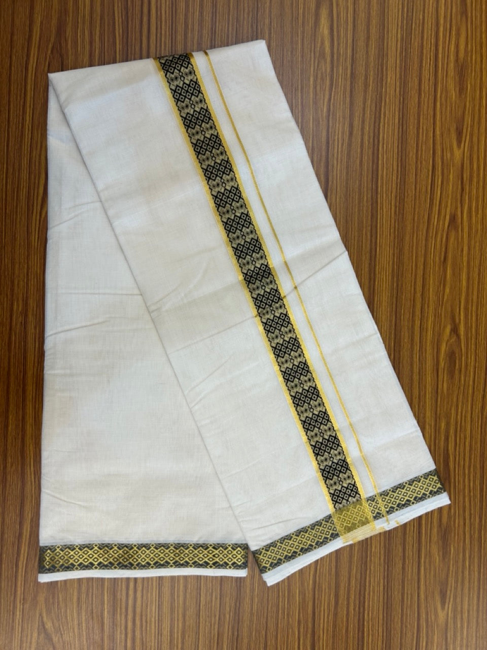 25% Discount ! Kaitharikada Handloom Unakkupaav Balaramapuram - 100% Pure Cotton off White - (Unbleached) Double Mundu/Dhoti - 100x80 - 1.75 inch Black Gold Kasavu & Jacquard Design Kara 4 mtr (8.5 Muzham) - 1 KK5267 ABH