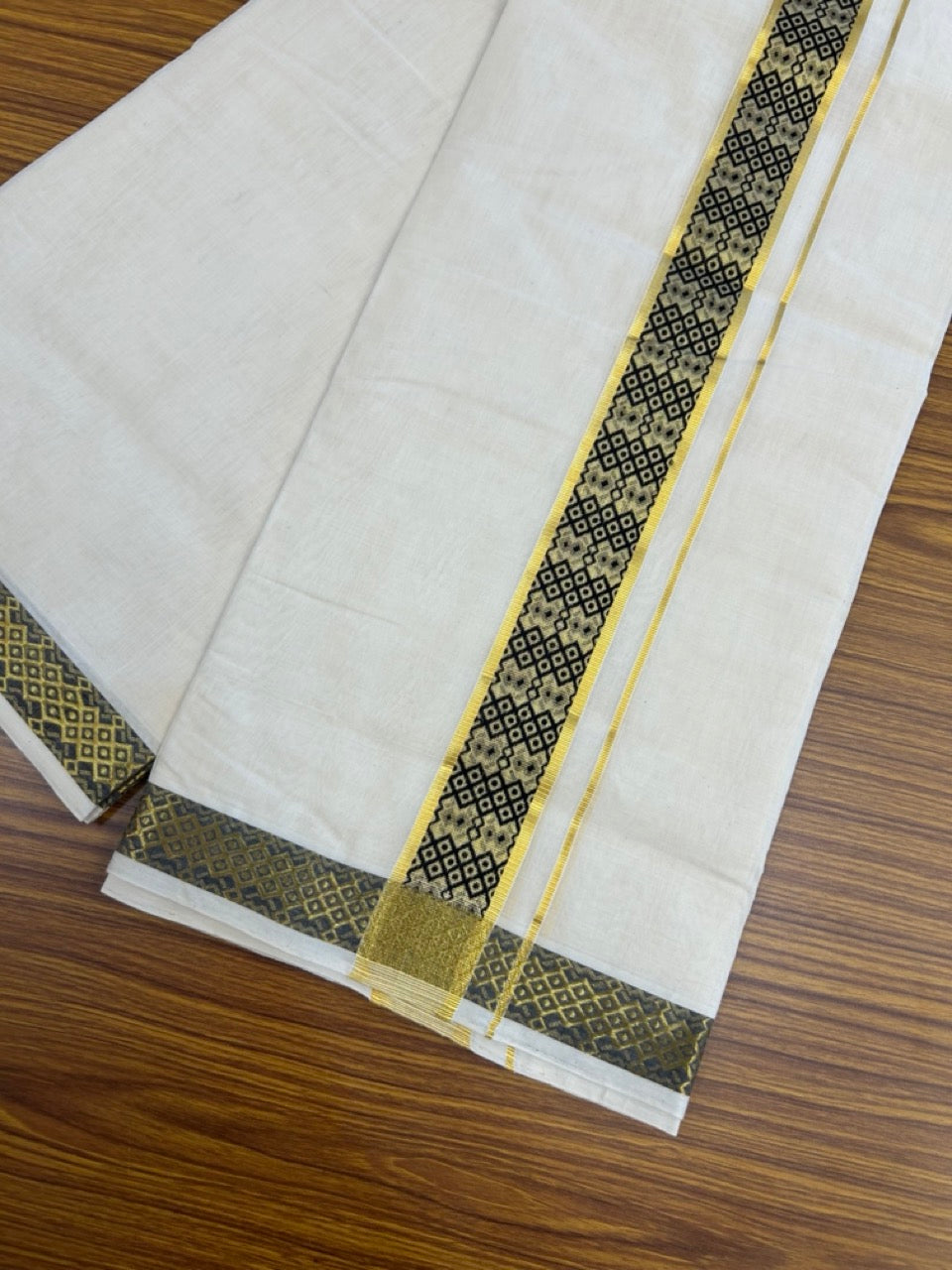25% Discount ! Kaitharikada Handloom Unakkupaav Balaramapuram - 100% Pure Cotton off White - (Unbleached) Double Mundu/Dhoti - 100x80 - 1.75 inch Black Gold Kasavu & Jacquard Design Kara 4 mtr (8.5 Muzham) - 1 KK5267 ABH