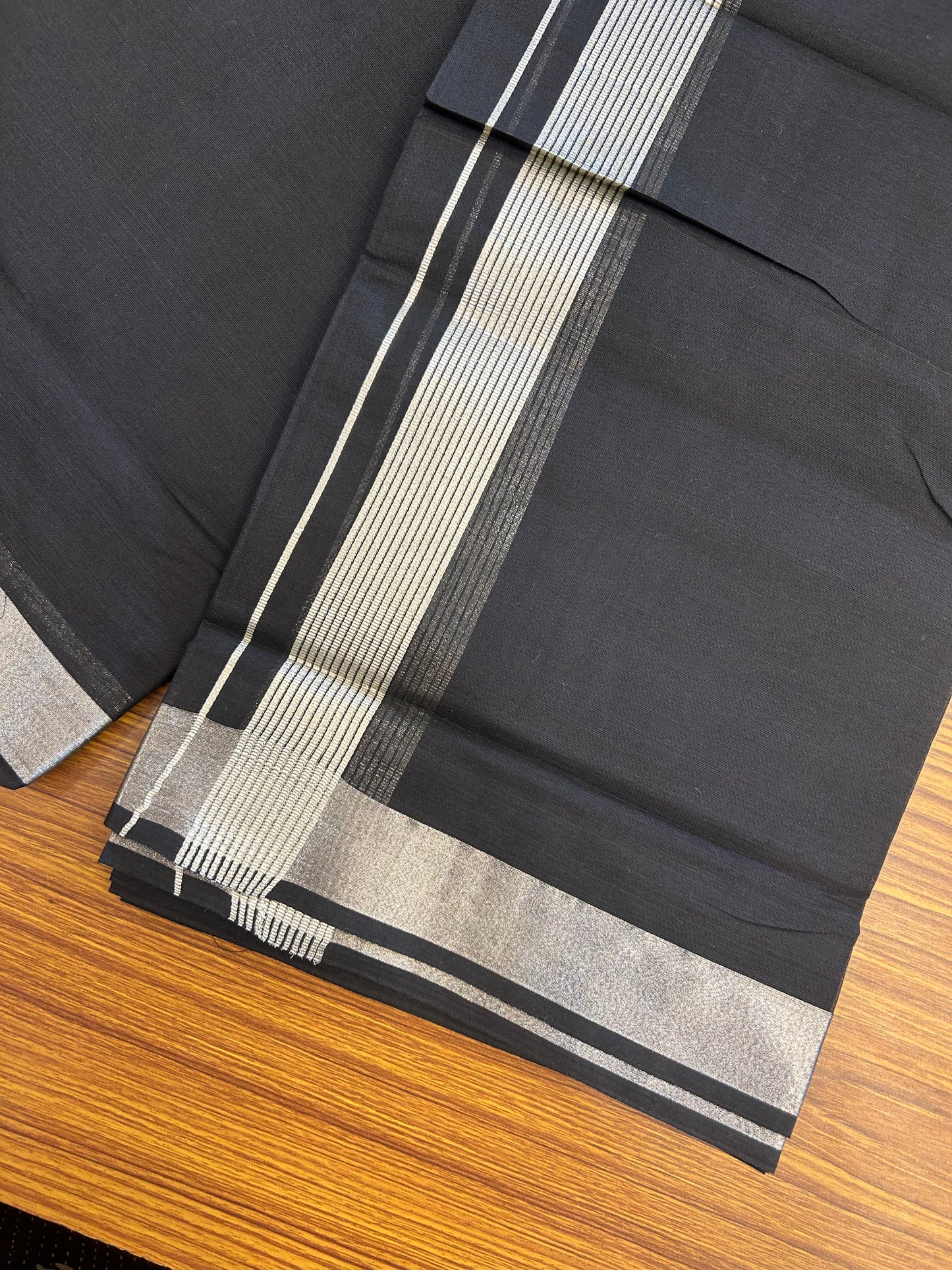 20% Discount !! KaithariKada Balaramapuram Double (Unbleached) Mundu/Dhoti - 80X90 - Black Colour Body - 1.5 inch Silver Kasav Kara 4 mtr (8.5 muzham) - 1 KK5343 PMC