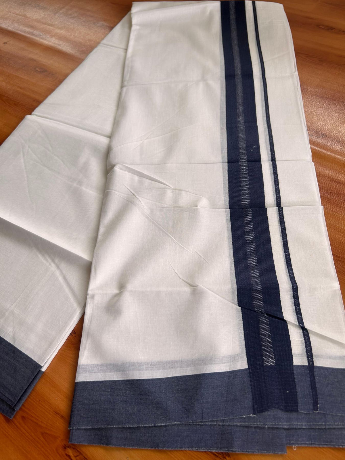 Pure White Double Mundu/Dhoti - 20% Discount ! Kaitharikada Pure Cotton - 100x80 - 1.25 inch Navy Blue striped Kara 3.80 mtr (8 muzham) - 59 KK5523 MC