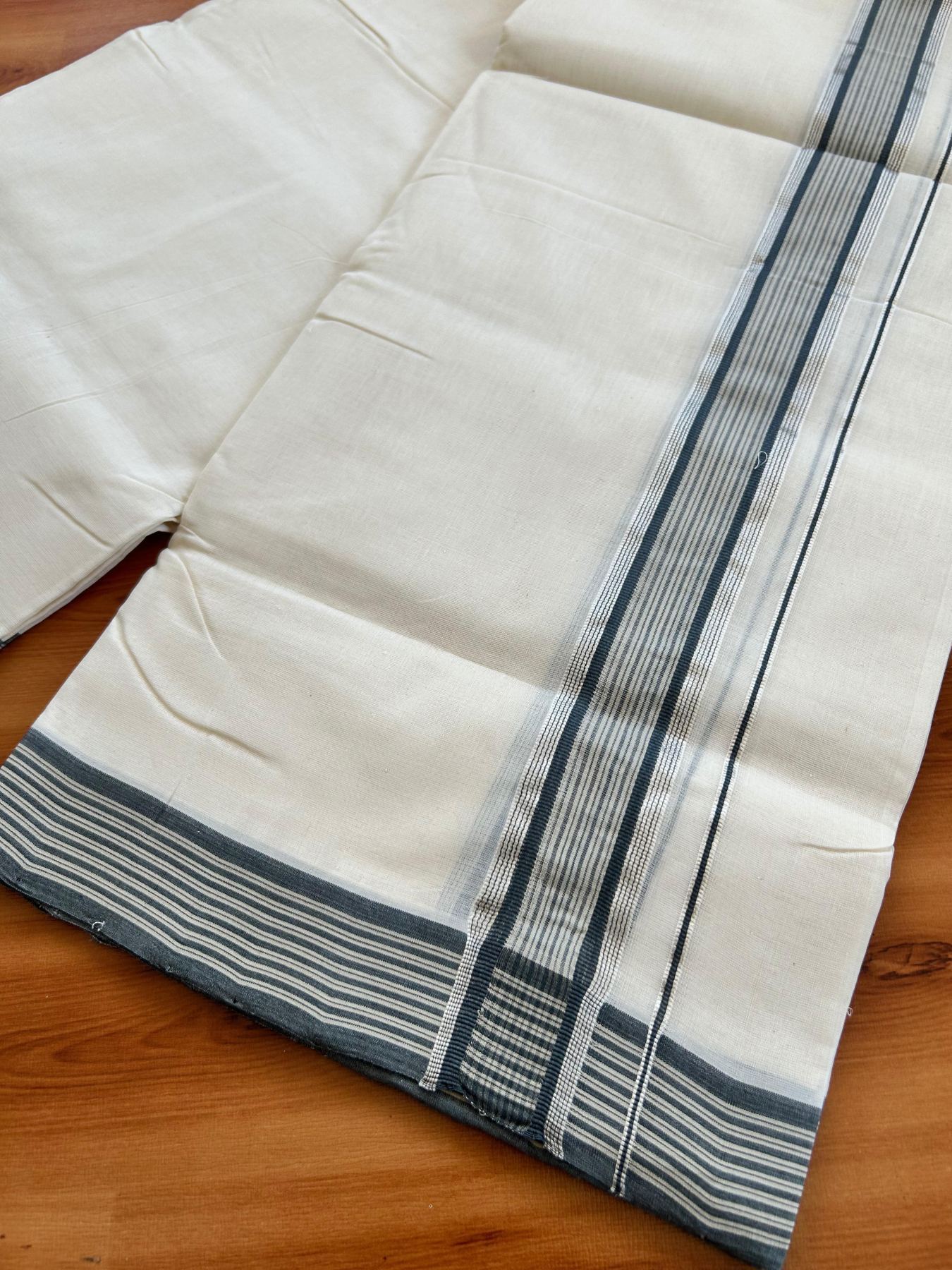 Double Off White (Unbleached) Mundu/Dhoti - 25% Discount!! KaithariKada Handloom Unakkupaav - Kerala Handloom - 100% Pure Cotton - 100x80 - 1.75 inch Silver Kasav Sand Brown & Ash Grey Stripes Kara 4.00 meter (8.5 muzham) - 15 KK5488 REA