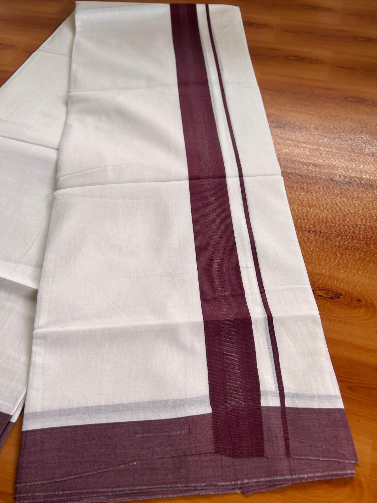 Pure White Double Mundu/Dhoti - 20% Discount ! Kaitharikada Pure Cotton - 100x80 - 1.25 inch Maroon Wine striped Kara 3.80 mtr (8 muzham) - 60 KK5523 MC