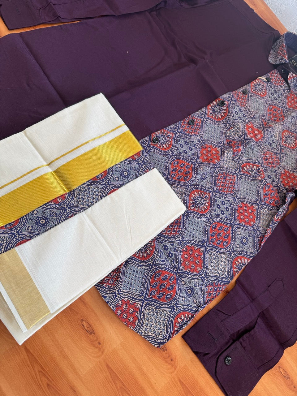 Combo Shirt Mund Mixed cotton - Full Sleeve - KaithariKada - Wine Purple & Ajrakh Printed Design - 2 KK7050 VIN