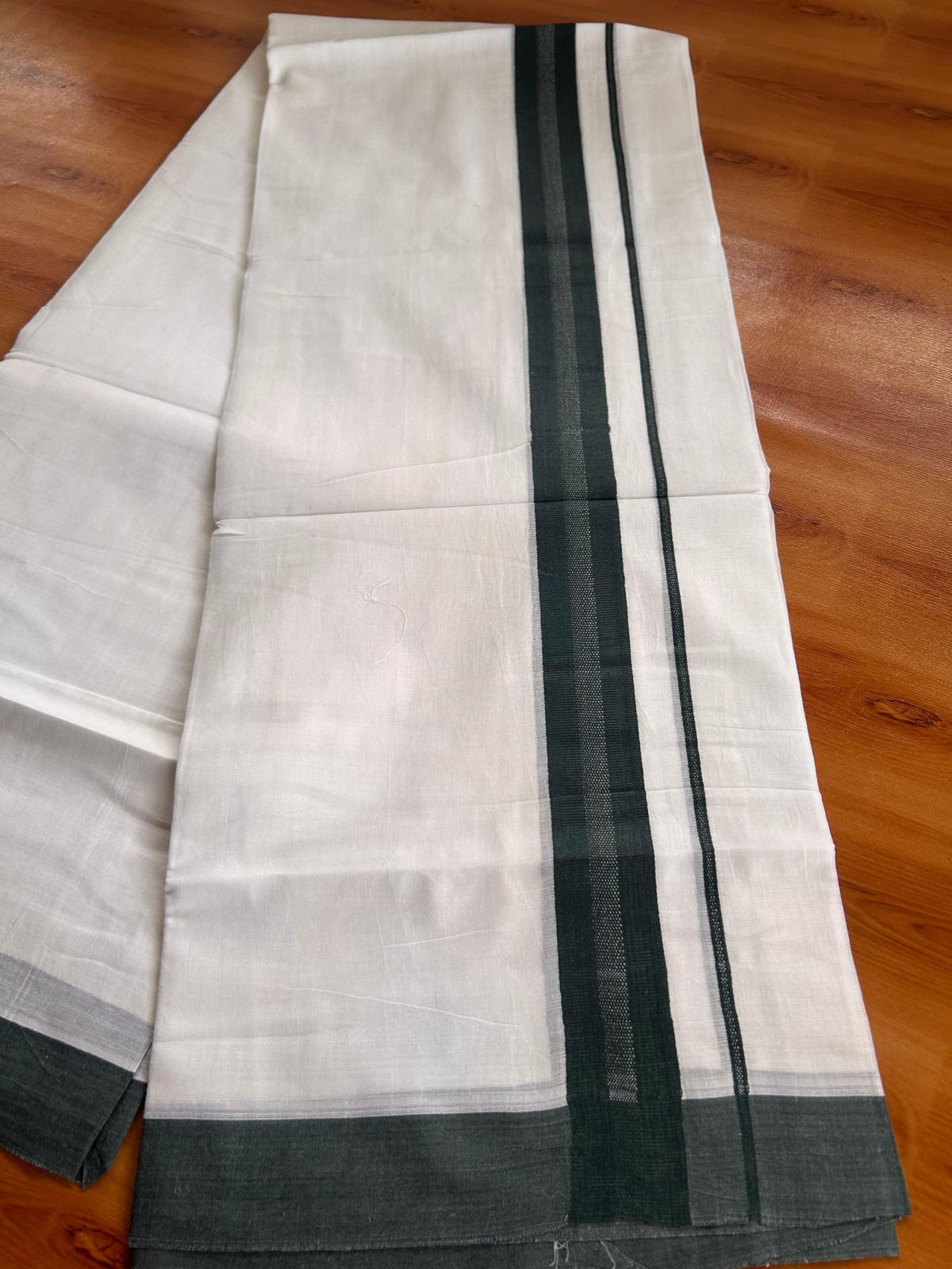 Pure White Double Mundu/Dhoti - 20% Discount ! Kaitharikada Pure Cotton - 100x80 - 1.25 inch Dark Green striped Kara 3.80 mtr (8 muzham) - 63 KK5523 MC