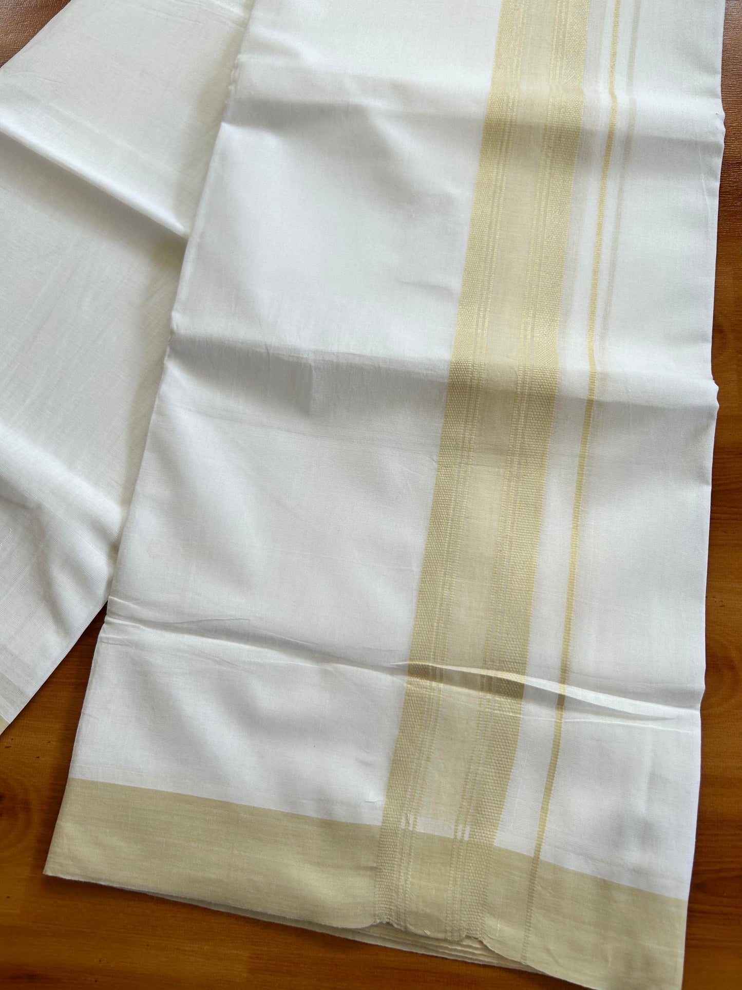 Pure White Double Mundu/Dhoti - 20% Discount ! Kaitharikada Balaramapuram Pure Cotton - 100x80 - 1.5 inch Light Beige Shaded Stripes Kara 3.80 mtr (8 muzham) - 115 KK5452 THI