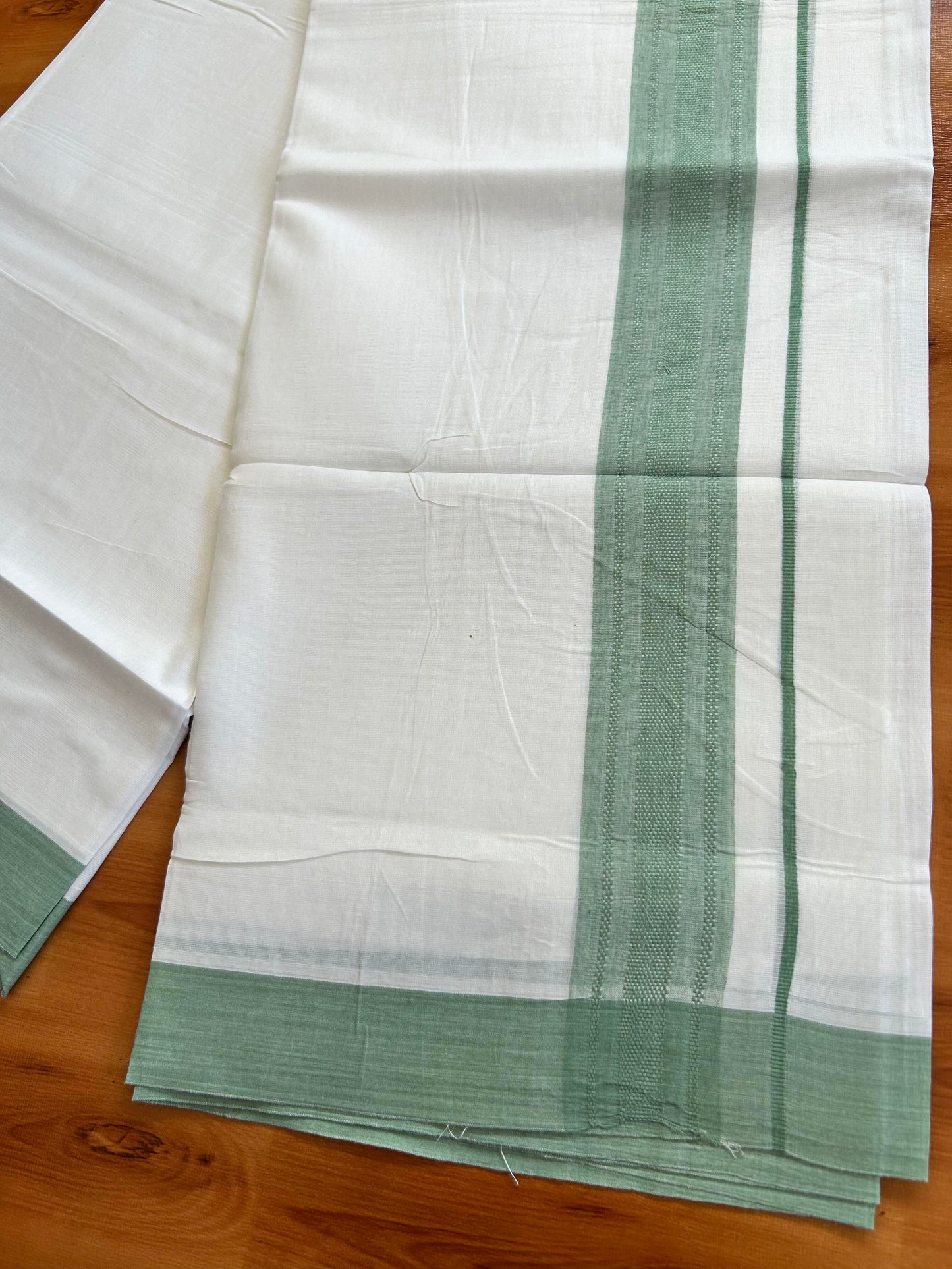 Pure White Double Mundu/Dhoti - 20% Discount ! Kaitharikada Balaramapuram Pure Cotton - 100x80 - 1.5 inch Pastel Green Shaded Stripes Kara 3.80 mtr (8 muzham) - 111 KK5452 THI