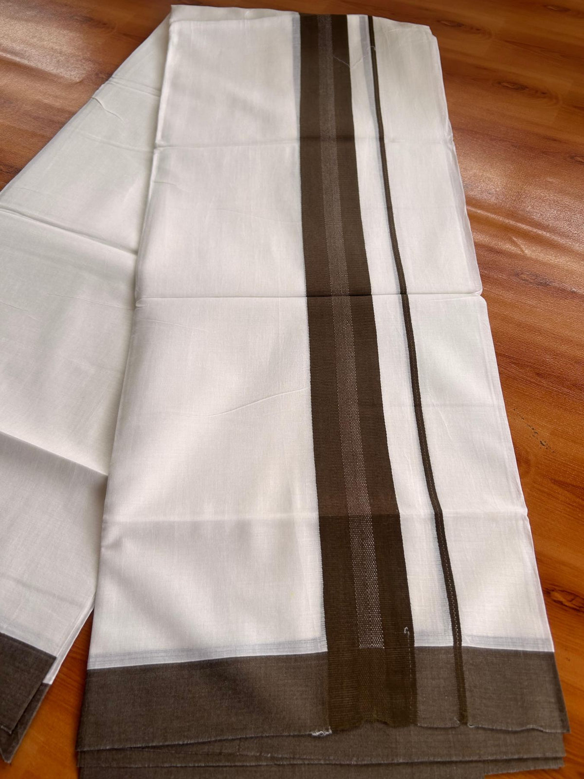 Pure White Double Mundu/Dhoti - 20% Discount ! Kaitharikada Pure Cotton - 100x80 - 1.25 inch Dark Brown striped Kara 3.80 mtr (8 muzham) - 65 KK5523 MC