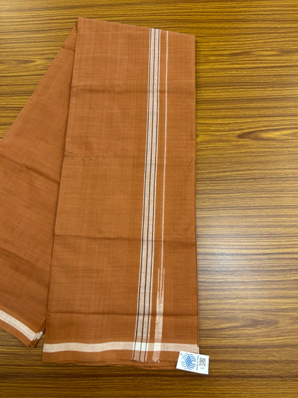 10% Discount !! KaithariKada 100% Pure Cotton - HANDLOOM Single Mundu/Dhoti KAVI Brown COLOUR BODY & 0.75 inch White Puliyilakkara Black Striped Chutty Kara (2 meter / 4 muzham) - 2KK8020ELA