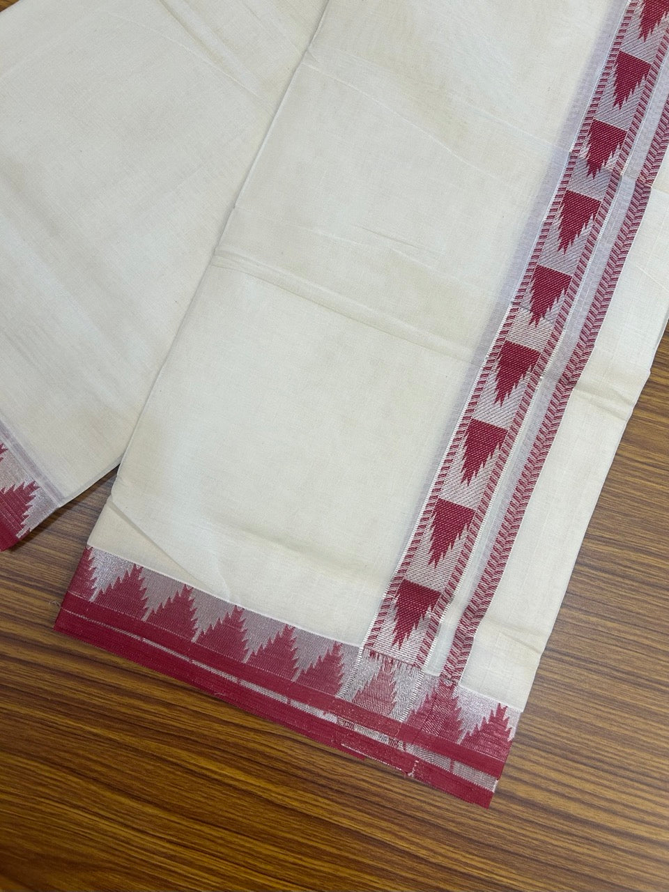 20% DISCOUNT ! KaithariKada Balaramapuram 100% Cotton Double off white (Unbleached) Mundu/Dhoti - 100X80 - 1.25 inch Silver kasavu & Magenta Red Temple design kara - 1 KK5265 PMC