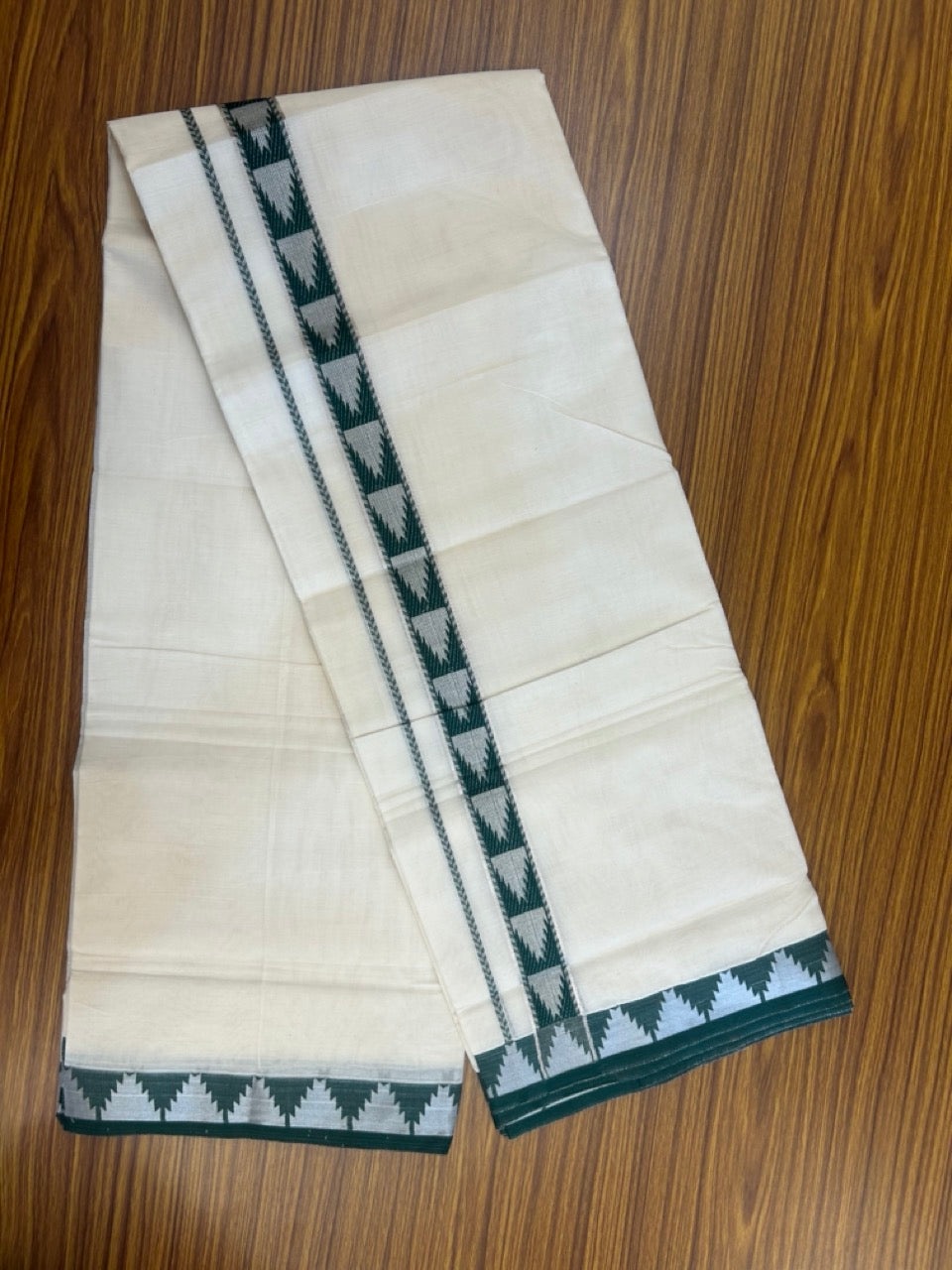 20% DISCOUNT ! KaithariKada Balaramapuram 100% Cotton Double off white (Unbleached) Mundu/Dhoti - 100X80 - 1.25 inch Silver kasavu & Green Temple design kara - 2 KK5265 PMC
