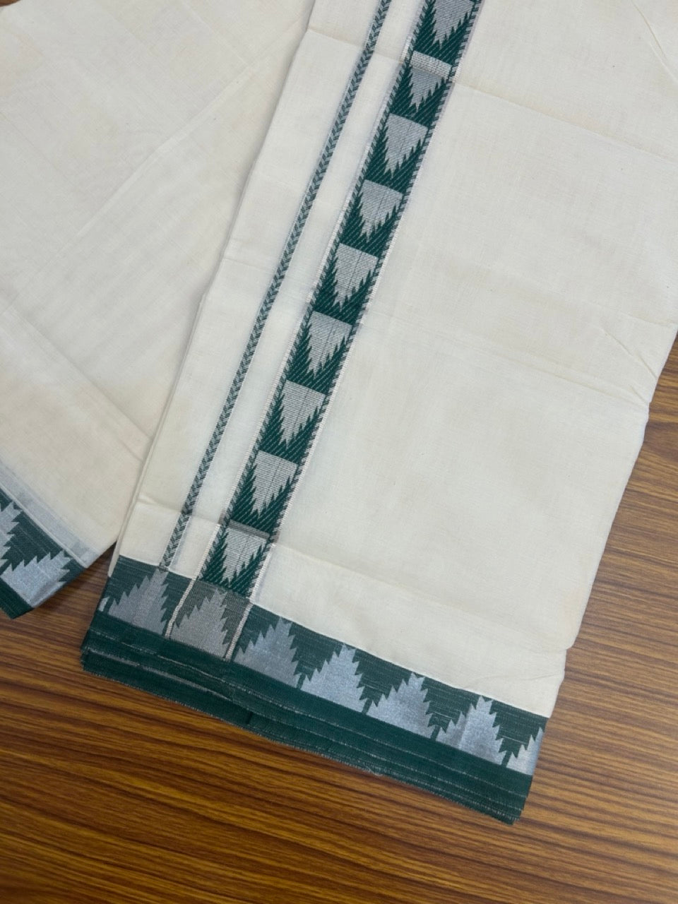 20% DISCOUNT ! KaithariKada Balaramapuram 100% Cotton Double off white (Unbleached) Mundu/Dhoti - 100X80 - 1.25 inch Silver kasavu & Green Temple design kara - 2 KK5265 PMC
