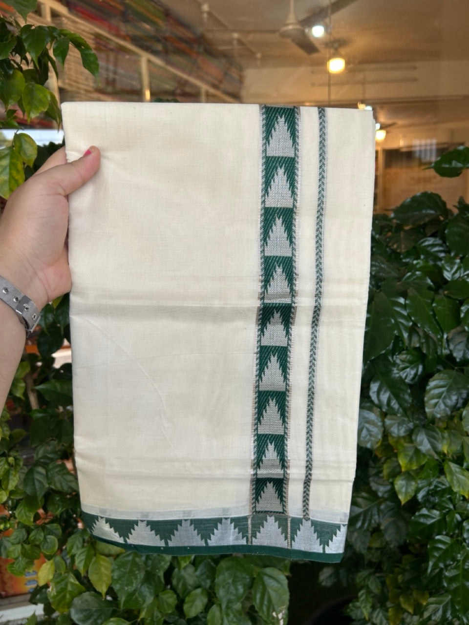 20% DISCOUNT ! KaithariKada Balaramapuram 100% Cotton Double off white (Unbleached) Mundu/Dhoti - 100X80 - 1.25 inch Silver kasavu & Green Temple design kara - 2 KK5265 PMC