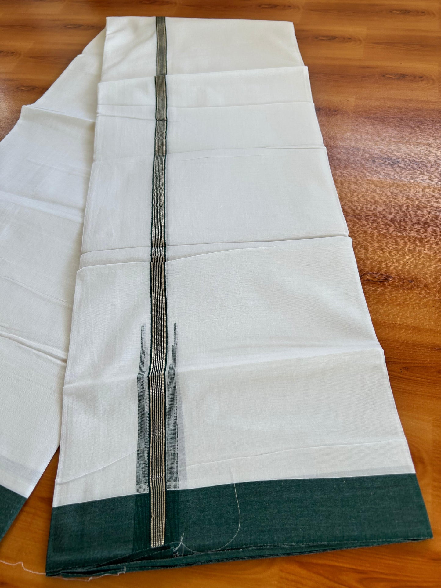Double Pure White Mundu/Dhoti - 20% Discount !! KaithariKada Balaramapuram 100% Cotton - 100x80 - 1 inch Dark Green Silver Kasav Stripes Chutty Kara 3.90 mtr (8.5 muzham) - 9 KK5490 VAS