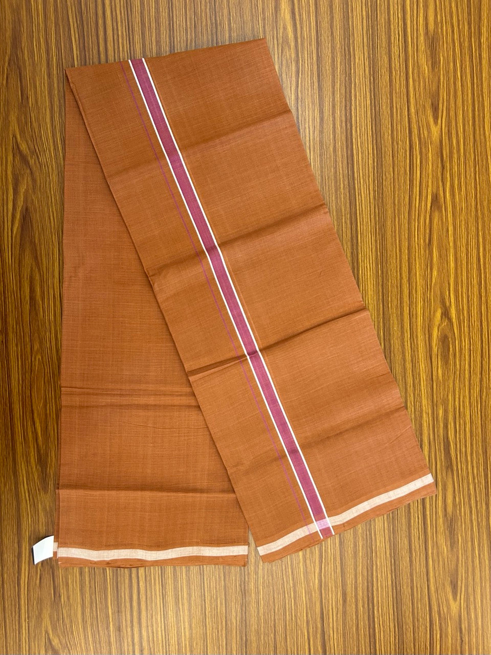 10% Discount !! KaithariKada 100% Pure Cotton - HANDLOOM Single Mundu/Dhoti KAVI Brown COLOUR BODY 2 cm White & Pink Shaded Kara (2 meter / 4 muzham)- 11KK8020ELA