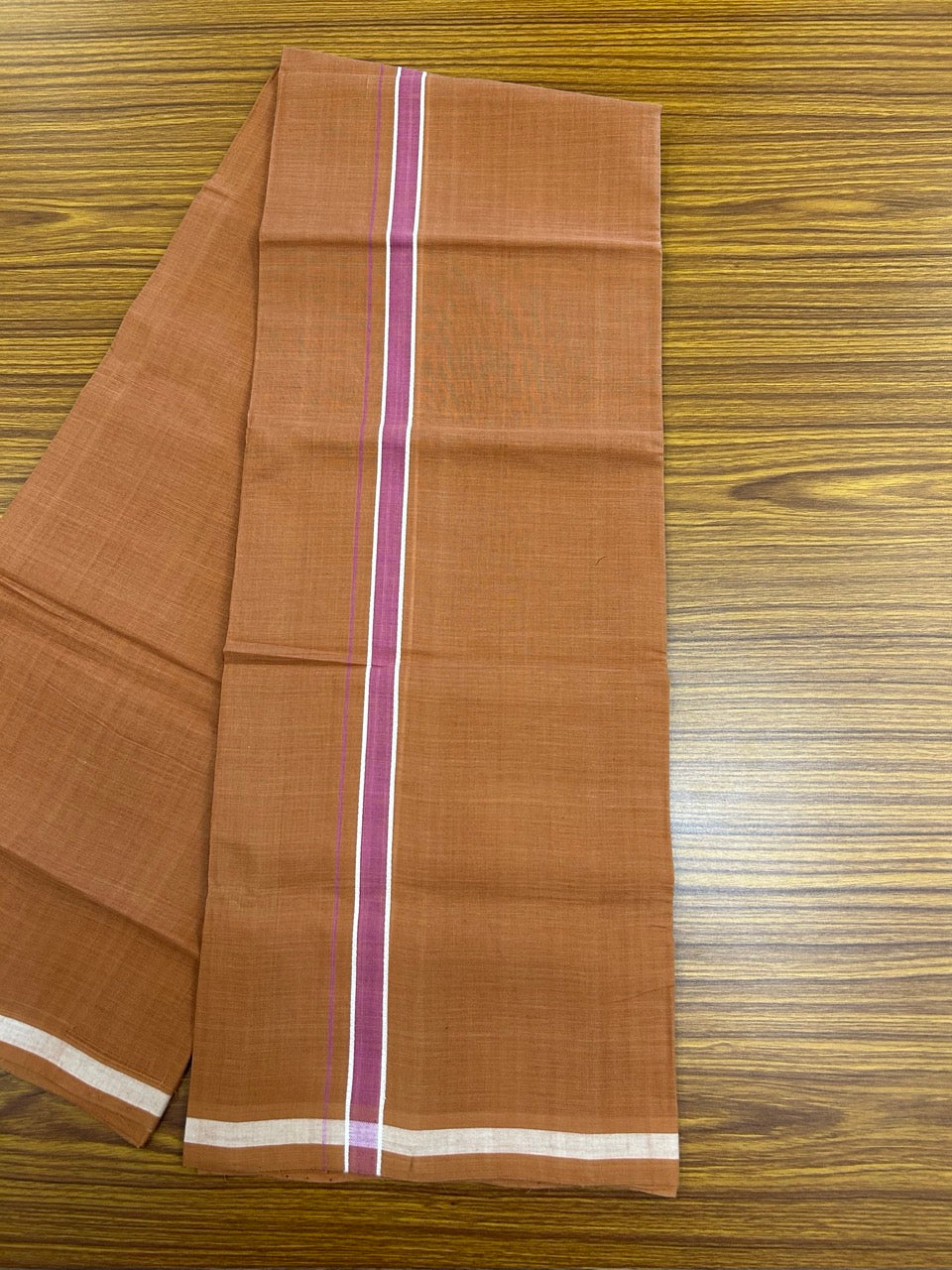 10% Discount !! KaithariKada 100% Pure Cotton - HANDLOOM Single Mundu/Dhoti KAVI Brown COLOUR BODY 2 cm White & Pink Shaded Kara (2 meter / 4 muzham)- 11KK8020ELA