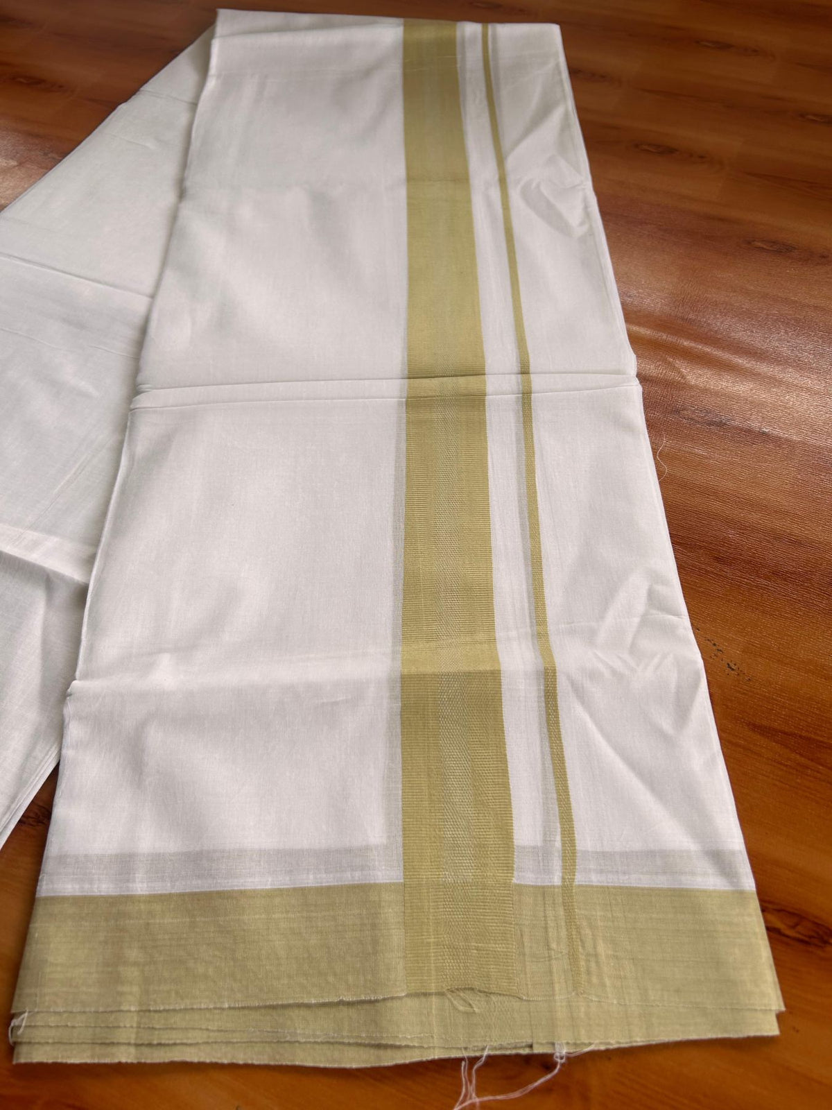 Pure White Double Mundu/Dhoti - 20% Discount ! Kaitharikada Pure Cotton - 100x80 - 1.5 inch Yellow Green striped Kara 3.80 mtr (8 muzham) - 81 KK5523 MC