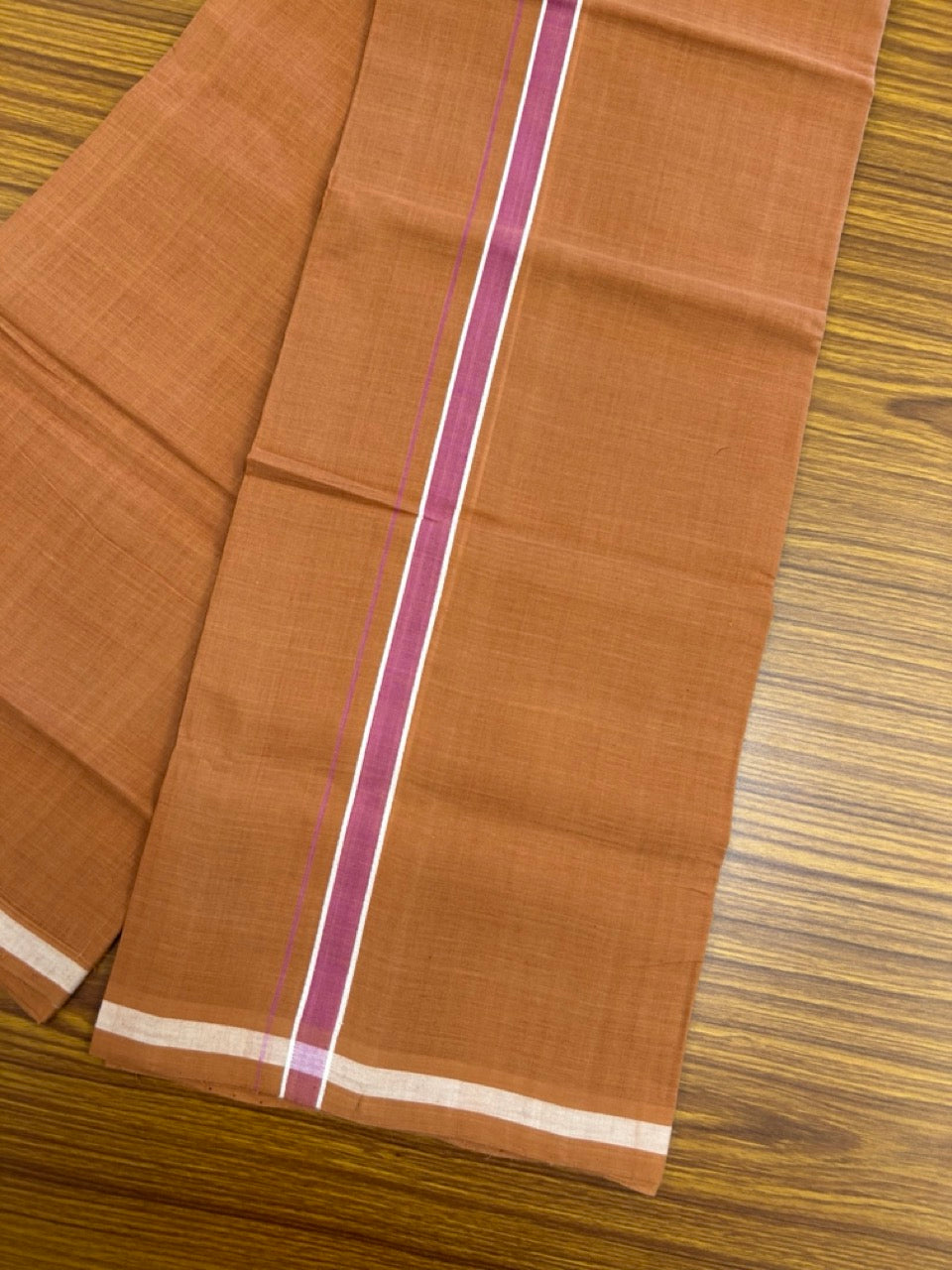 10% Discount !! KaithariKada 100% Pure Cotton - HANDLOOM Single Mundu/Dhoti KAVI Brown COLOUR BODY 2 cm White & Pink Shaded Kara (2 meter / 4 muzham)- 11KK8020ELA