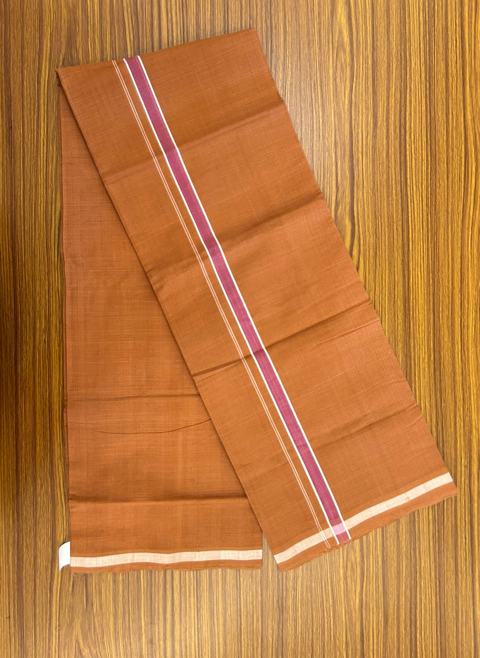 10% Discount !! KaithariKada 100% Pure Cotton - HANDLOOM Single Mundu/Dhoti KAVI Brown COLOUR BODY 2 cm White & Pink Shaded Kara (2 meter / 4 muzham)- 12KK8020ELA