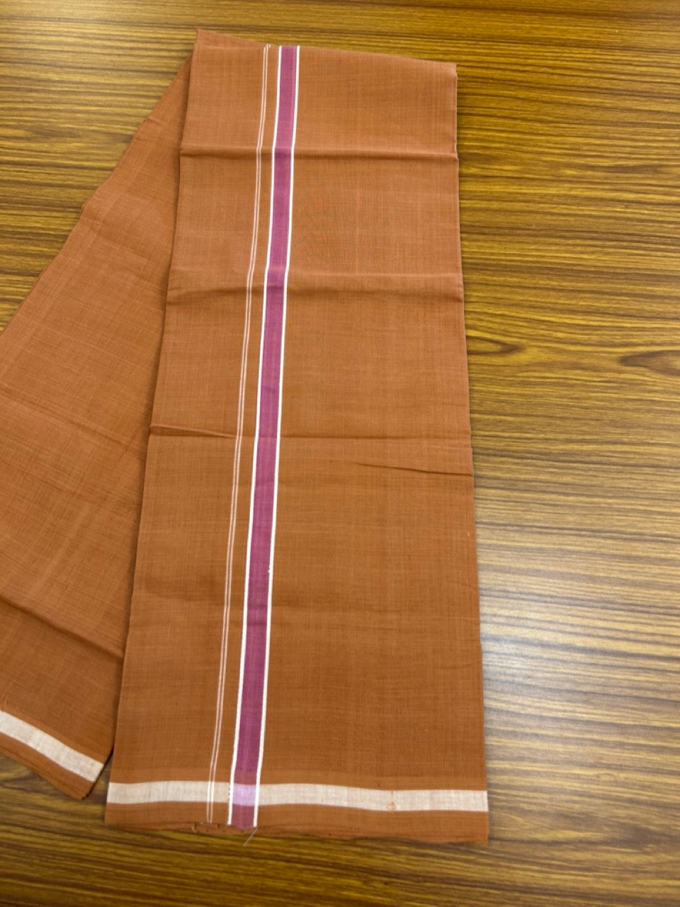 10% Discount !! KaithariKada 100% Pure Cotton - HANDLOOM Single Mundu/Dhoti KAVI Brown COLOUR BODY 2 cm White & Pink Shaded Kara (2 meter / 4 muzham)- 12KK8020ELA