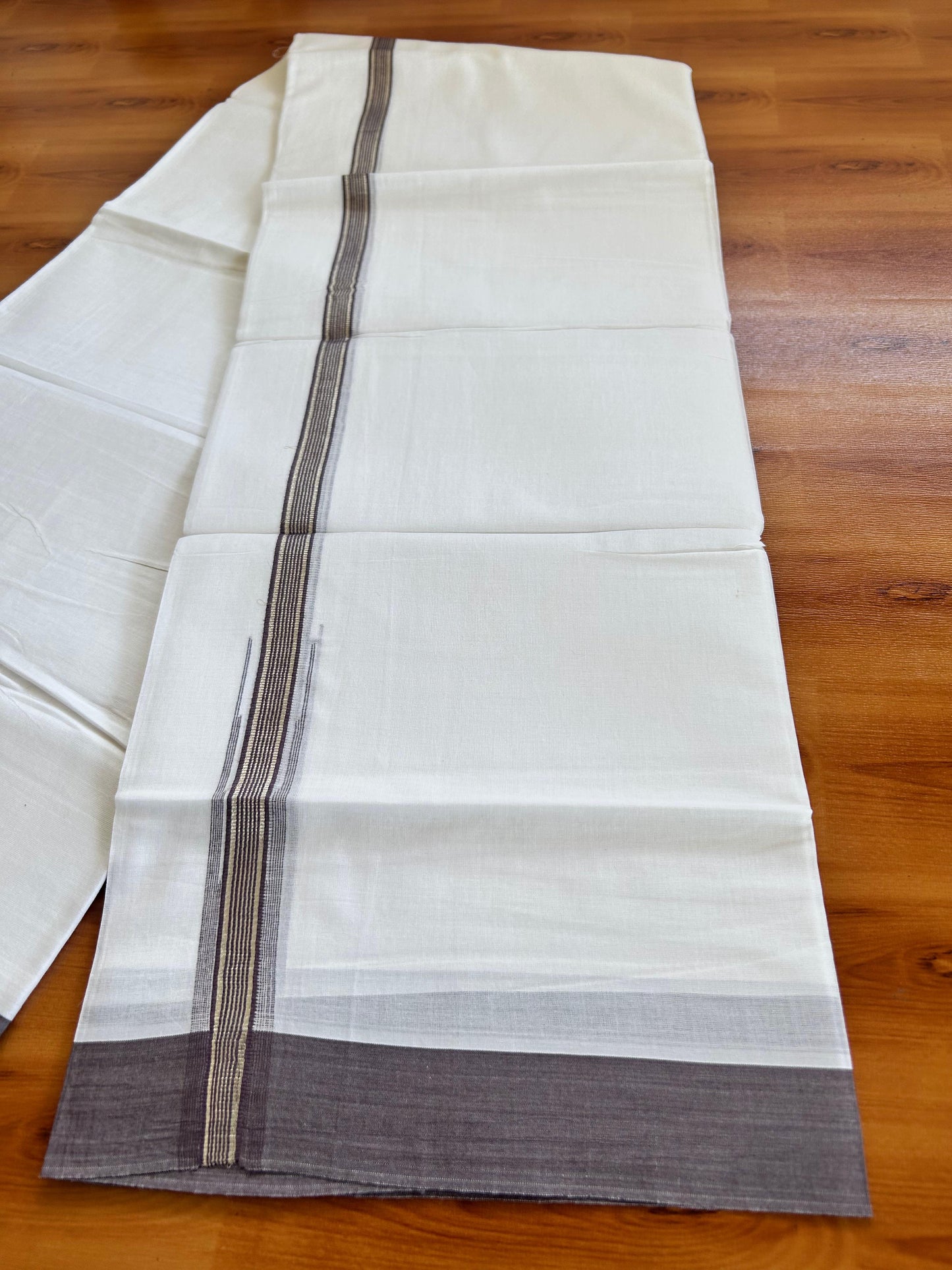 Double Pure White Mundu/Dhoti - 20% Discount !! KaithariKada Balaramapuram 100% Cotton - 100x80 - 1 inch Purple Ash Silver Kasav Stripes Chutty Kara 3.90 mtr (8.5 muzham) - 6 KK5490 VAS
