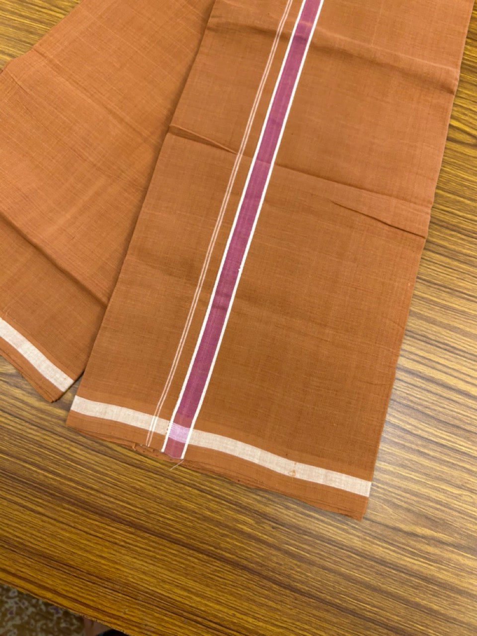 10% Discount !! KaithariKada 100% Pure Cotton - HANDLOOM Single Mundu/Dhoti KAVI Brown COLOUR BODY 2 cm White & Pink Shaded Kara (2 meter / 4 muzham)- 12KK8020ELA