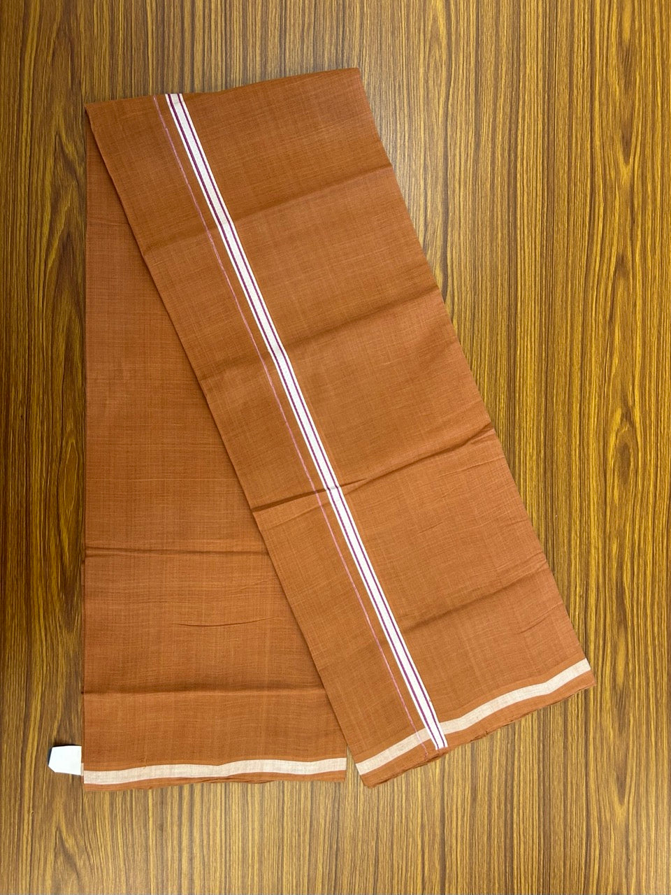 10% Discount !! KaithariKada 100% Pure Cotton - HANDLOOM Single Mundu/Dhoti KAVI Brown COLOUR BODY 1.5 cm White & Pink Striped Kara (2 meter / 4 muzham)- 13KK8020ELA