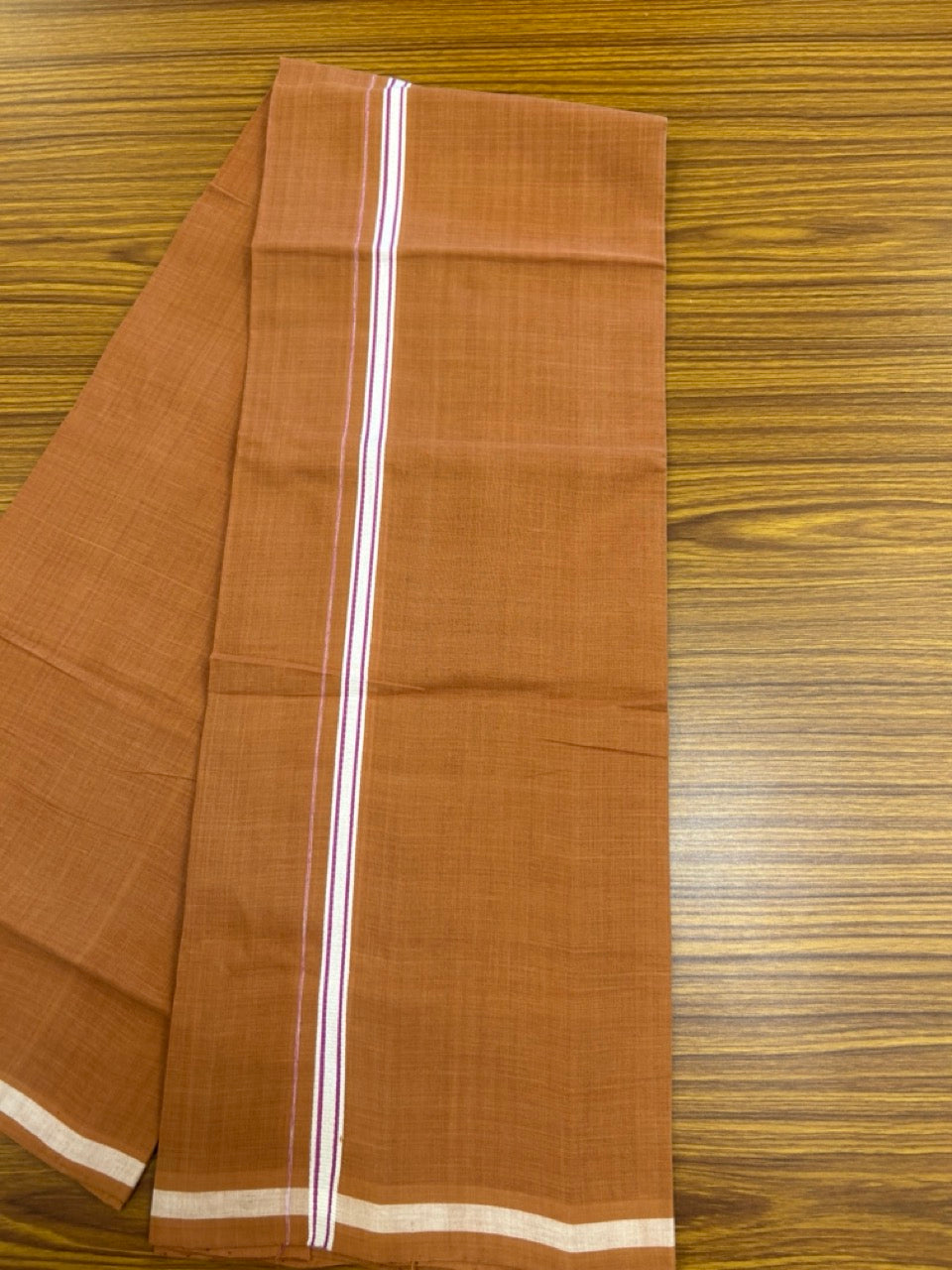 10% Discount !! KaithariKada 100% Pure Cotton - HANDLOOM Single Mundu/Dhoti KAVI Brown COLOUR BODY 1.5 cm White & Pink Striped Kara (2 meter / 4 muzham)- 13KK8020ELA