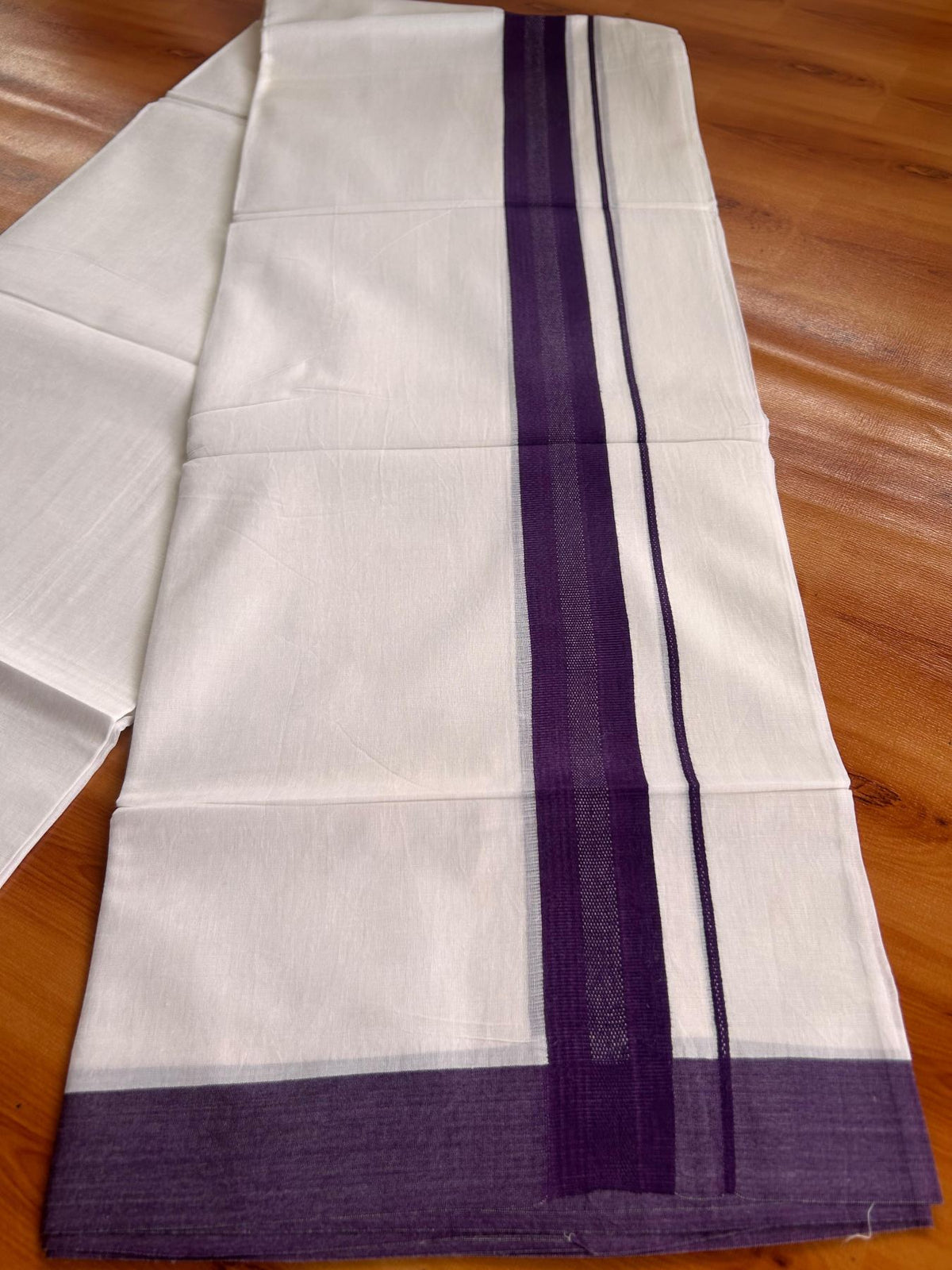 Pure White Double Mundu/Dhoti - 20% Discount ! Kaitharikada Pure Cotton - 100x80 - 1.5 inch Dark Purple striped Kara 3.80 mtr (8 muzham) - 77 KK5523 MC