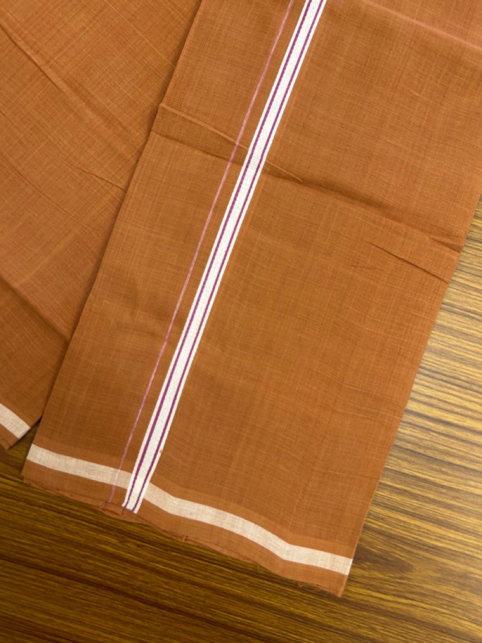 10% Discount !! KaithariKada 100% Pure Cotton - HANDLOOM Single Mundu/Dhoti KAVI Brown COLOUR BODY 1.5 cm White & Pink Striped Kara (2 meter / 4 muzham)- 13KK8020ELA