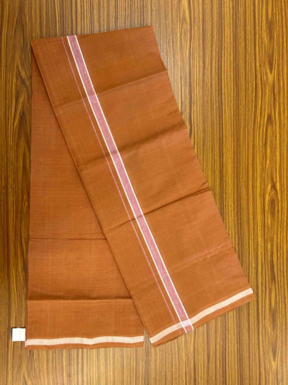 10% Discount !! KaithariKada 100% Pure Cotton - HANDLOOM Single Mundu/Dhoti KAVI Brown COLOUR BODY 2 cm White & Light Pink Shaded Kara (2 meter / 4 muzham)- 14KK8020ELA