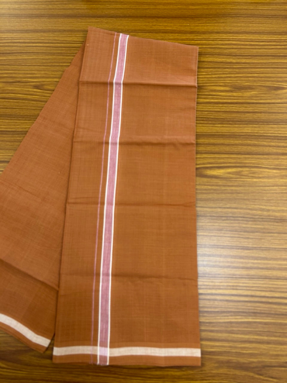 10% Discount !! KaithariKada 100% Pure Cotton - HANDLOOM Single Mundu/Dhoti KAVI Brown COLOUR BODY 2 cm White & Light Pink Shaded Kara (2 meter / 4 muzham)- 14KK8020ELA