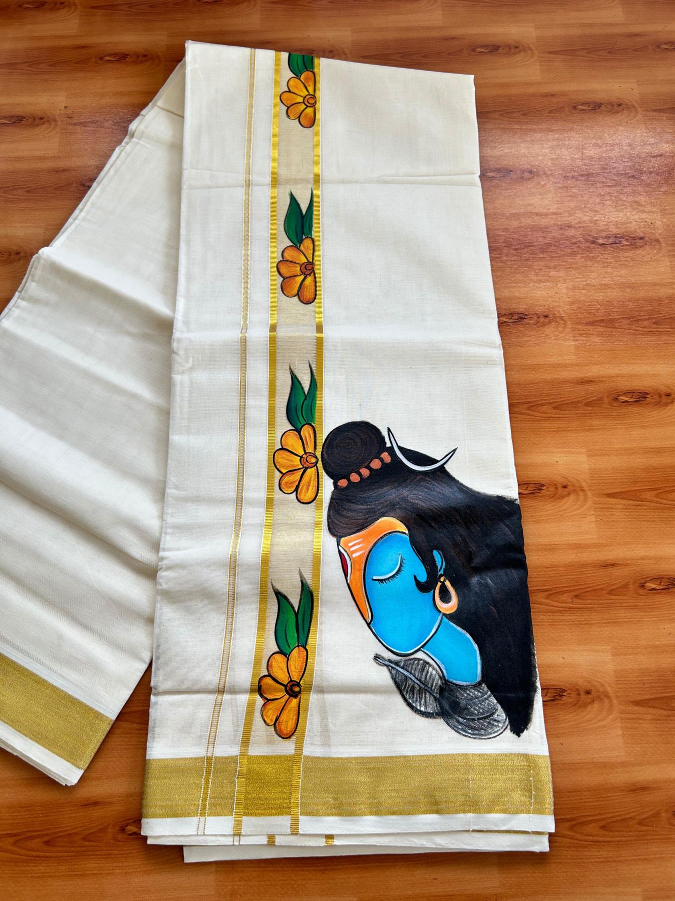 Double Off White (Unbleached) Mundu/Dhoti - 20% Discount!! KaithariKada Pure Cotton (80s) - 1.5 inch Gold Kasav Shaded Kara with Flower & Lord Shiva Mural Painting 4 mtr (8.5 Muzham) - 18 KK5487 CKS