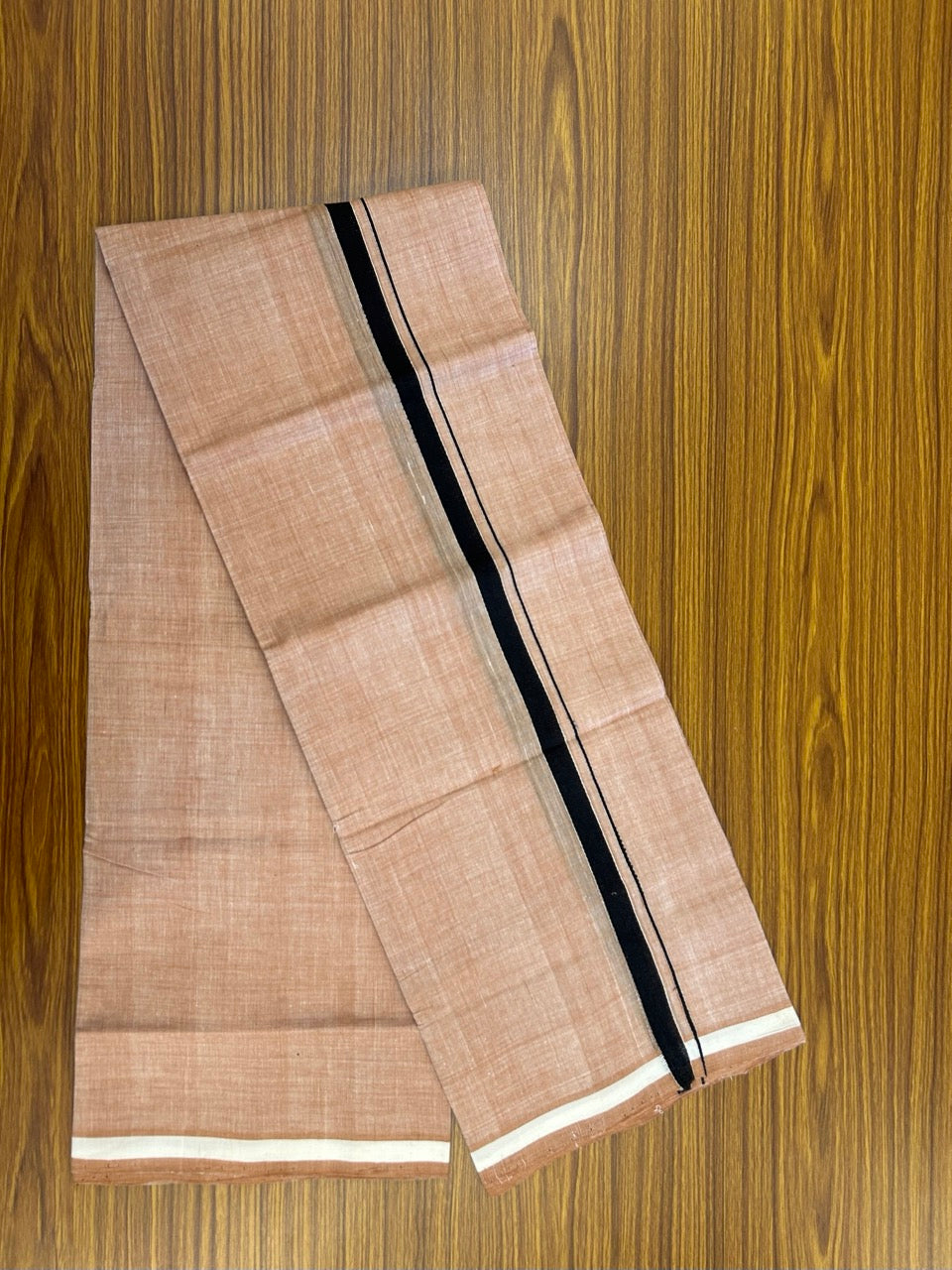 10% Discount !! KaithariKada 100% Pure Cotton - HANDLOOM Single Mundu/Dhoti Light Brown White Shaded COLOUR BODY & Black 0.5 inch Kara (2 meter / 4 muzham) - 21KK8020ELA