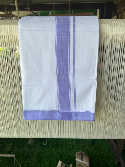 120X120 PREMIUM Kaitharikada Exclusive - 25% DISCOUNT! BALARAMAPURAM HANDLOOM Unakkupaavu - 100% PURE Cotton Double Mundu/Dhoti PURE WHITE - 2.25 inch Lavender Violet Striped Kara - 1KK478KAL