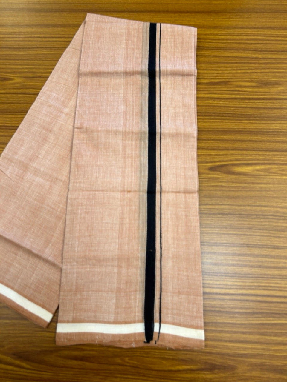 10% Discount !! KaithariKada 100% Pure Cotton - HANDLOOM Single Mundu/Dhoti Light Brown White Shaded COLOUR BODY & Black 0.5 inch Kara (2 meter / 4 muzham) - 21KK8020ELA