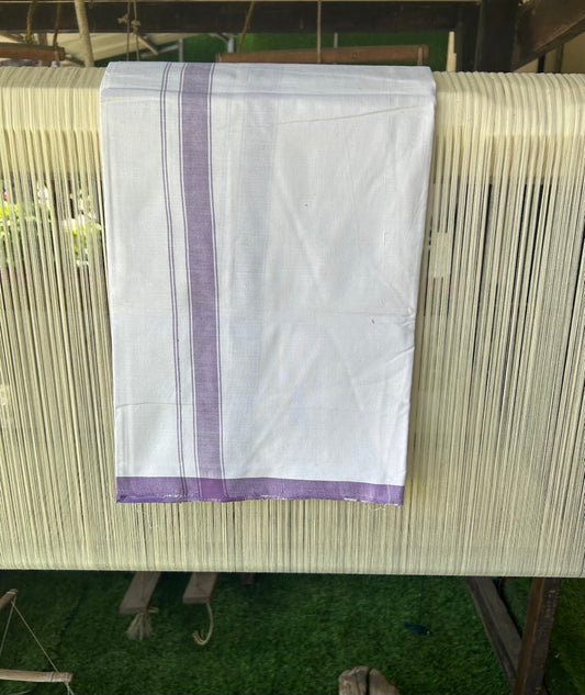 Ultimate HANDLOOM-25% Discount! - Kaitharikada Kalamachal-Government Sealed HALLMARKED-100% PURE COTTON! (80x80) Twisted Thread- Light WHITE SINGLE Mundu / Dhoti - 1.5inch Violet Striped Kara - 2KK478KAL