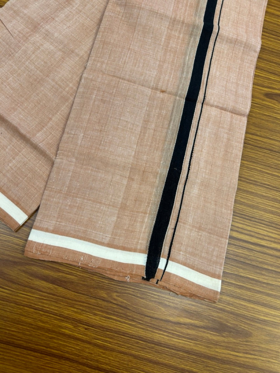 10% Discount !! KaithariKada 100% Pure Cotton - Handloom Single Mundu/Dhoti Light Brown White Shaded Colour Body & Black 0.5 inch Kara (2 meter / 4 muzham) - 21KK8020ELA