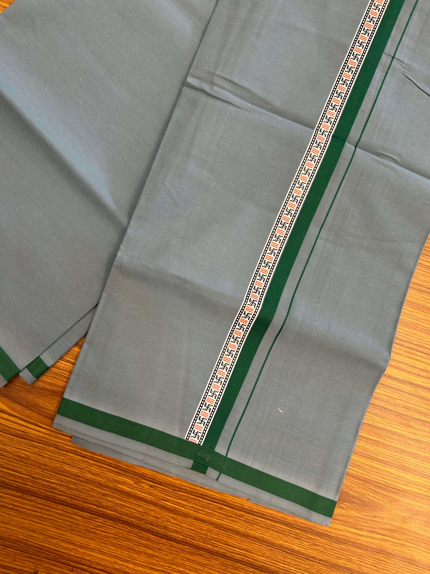 39% Discount! Kaitharikada - Pure Cotton - Single Kaily / Lungi - (60s) - 1 inch Green & Multi colour Pattern Printed Kambi kara with Grey colour body (2 meter / 4 muzham) - 12 KK8043 GAN