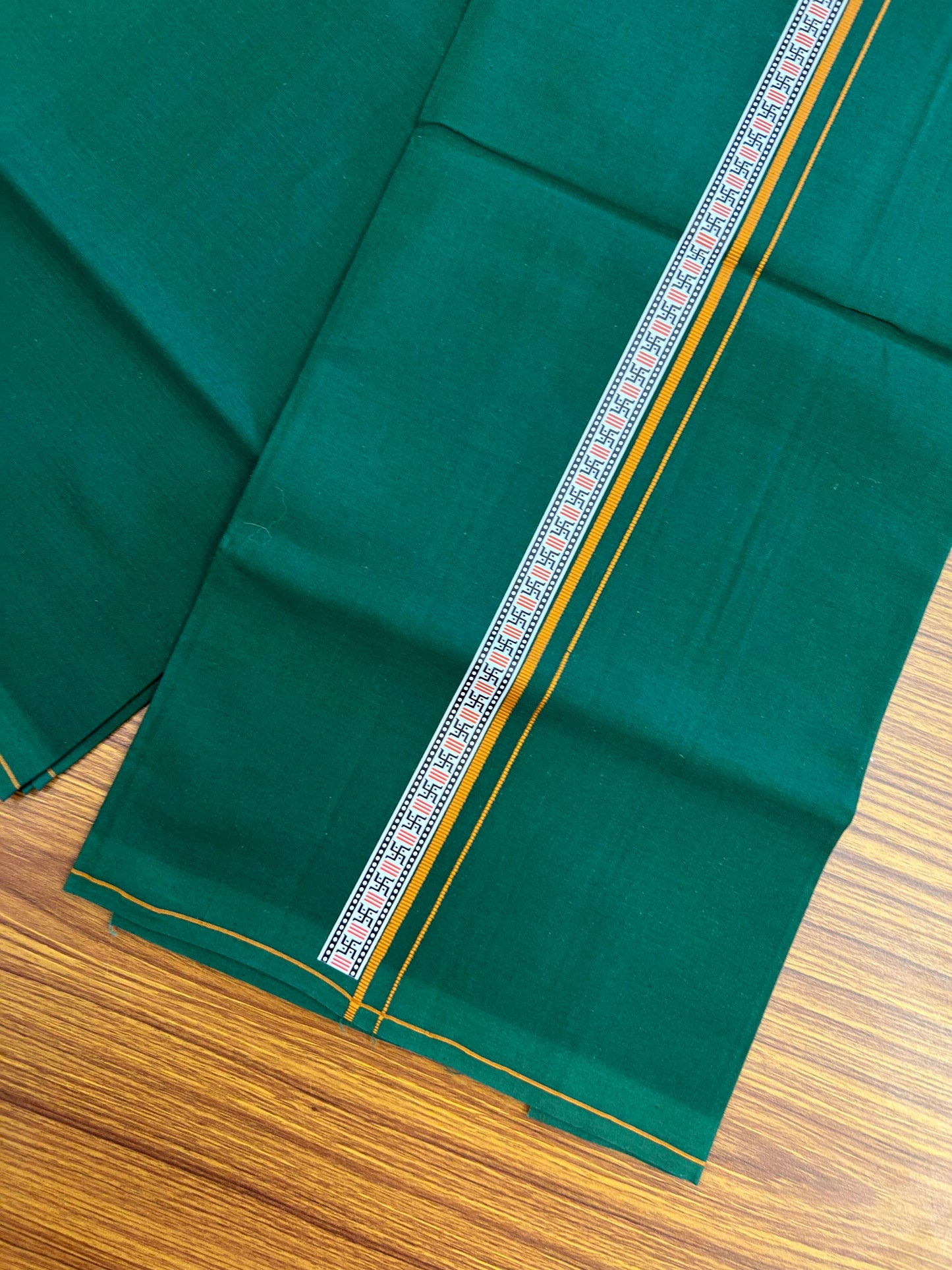 39% Discount! Kaitharikada - Pure Cotton - Single Kaily / Lungi - (60s) - 1 inch Orange & Multi colour Pattern Printed Kambi kara with Dark Green colour body (2 meter / 4 muzham) - 7 KK8043 GAN
