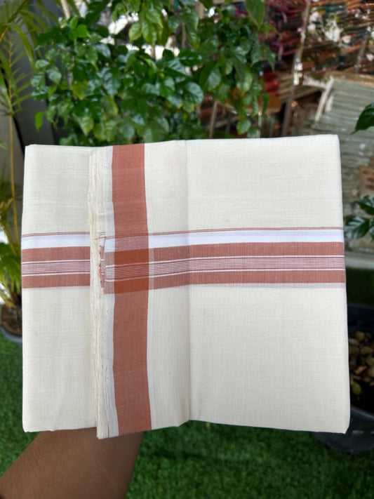 25% Discount KaithariKada HANDLOOM Unakkupaav Balaramapuram - 100% PURE Cotton off white (Unbleached) Double Mundu/Dhoti - 80X90 - 1.25 inch Cinnamon Brown Center Stripes Kara 3.80 mtr  - 2KK5192ELA