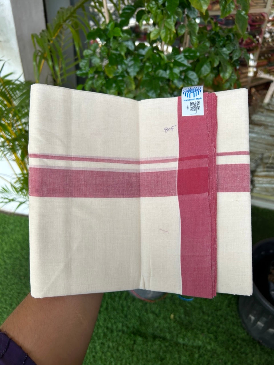 25% Discount KaithariKada HANDLOOM Unakkupaav Balaramapuram - 100% PURE Cotton off white (Unbleached) Double Mundu/Dhoti - 80X90 - 1.25 inch Fire Brick Red Shaded Kara 3.80 mtr - 7KK5192ELA