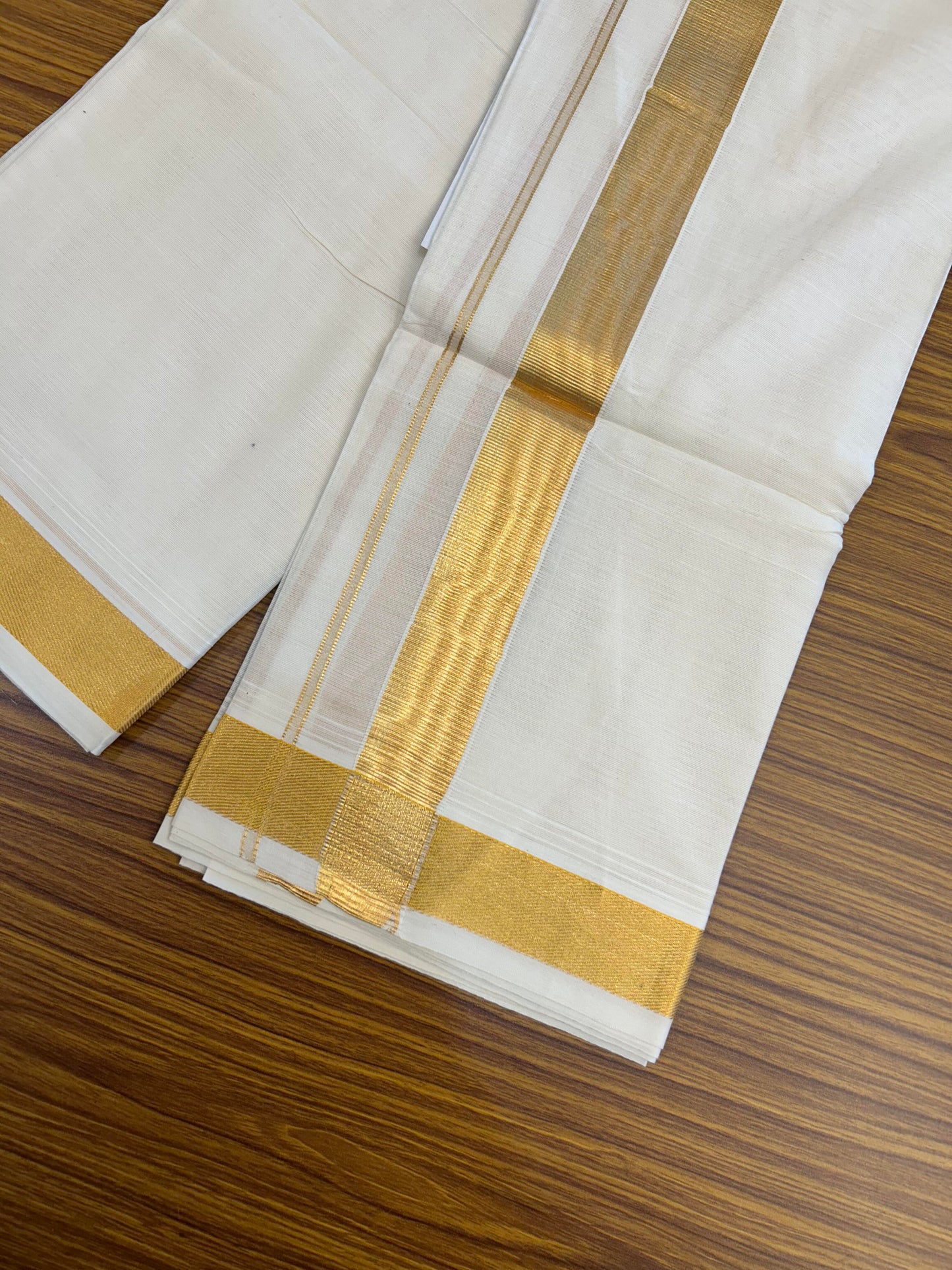 20% Discount ! KaithariKada Balaramapuram - 100% Pure Cotton Off White - (Unbleached) Double Mundu/Dhoti - 100X80 - 1.5 inch Gold Kasav Kara 4.00 M (8.5 Muzham) - 91 KK5364 MC