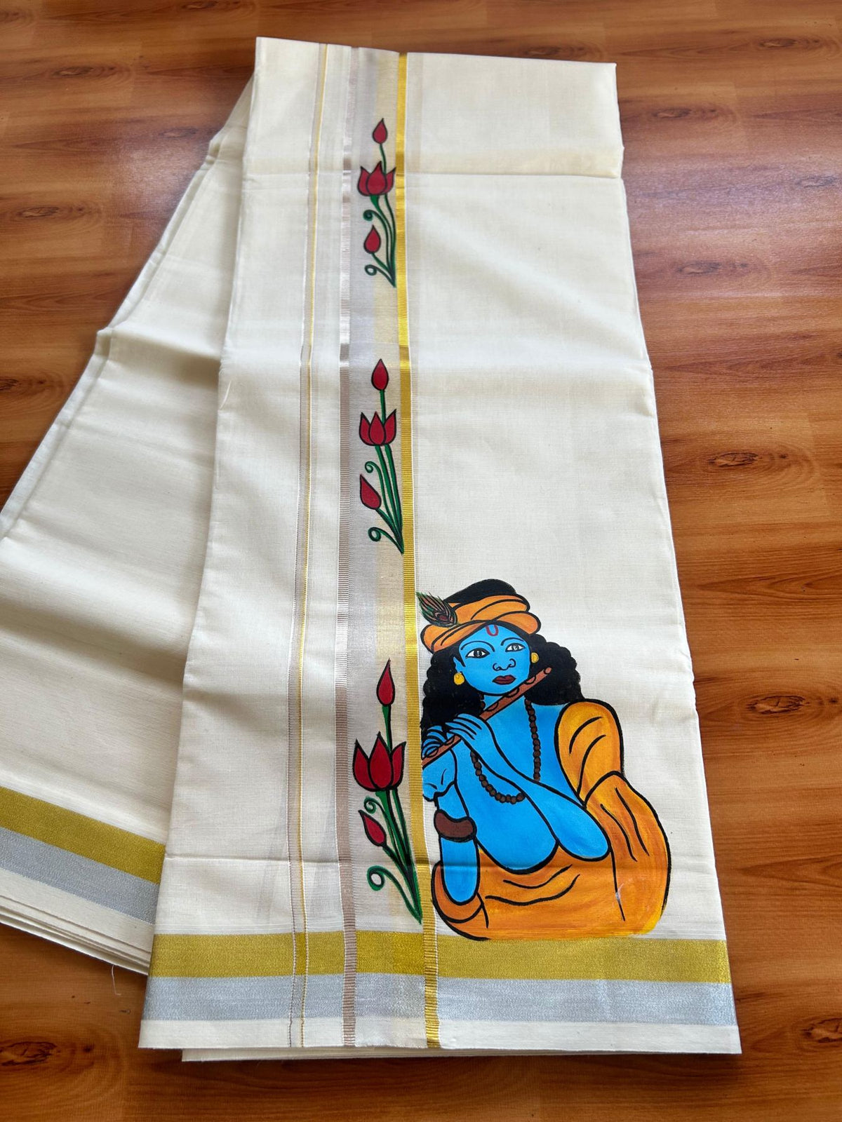 Double Off White (Unbleached) Mundu/Dhoti - 20% Discount!! KaithariKada Pure Cotton (80s) - 1.5 inch Gold & Silver Kasav Kara with Lotus & Lord Krishna Mural Painting 3.90 mtr (8.5 Muzham) - 30 KK5487 CKS
