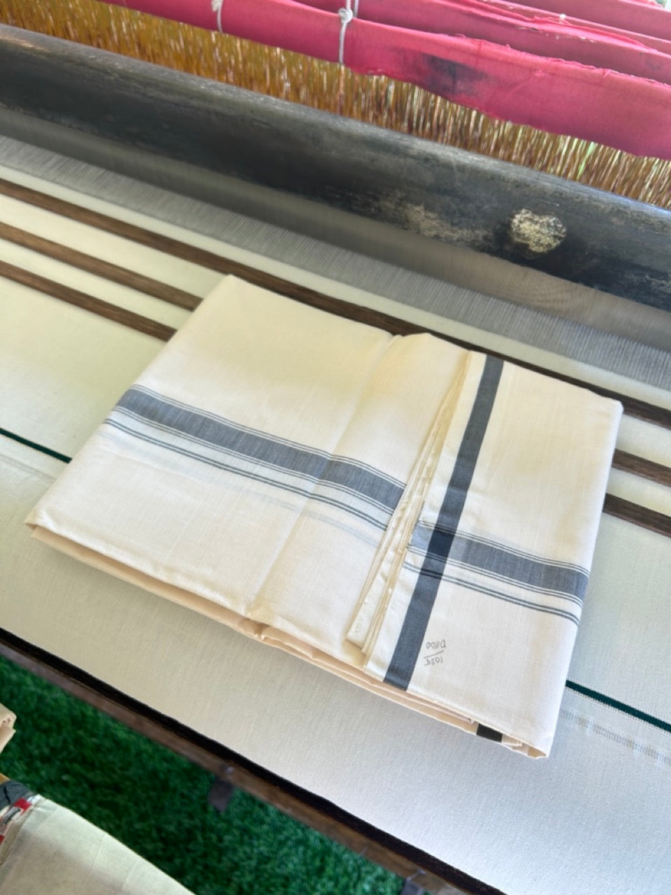 120X120 PREMIUM Kaitharikada Exclusive - 25% DISCOUNT! BALARAMAPURAM HANDLOOM Unakkupaavu - 100% PURE Cotton Double Mundu/Dhoti OFF WHITE (Unbleached) - 1.5 inch Black Striped Kara - 3KK477KAL