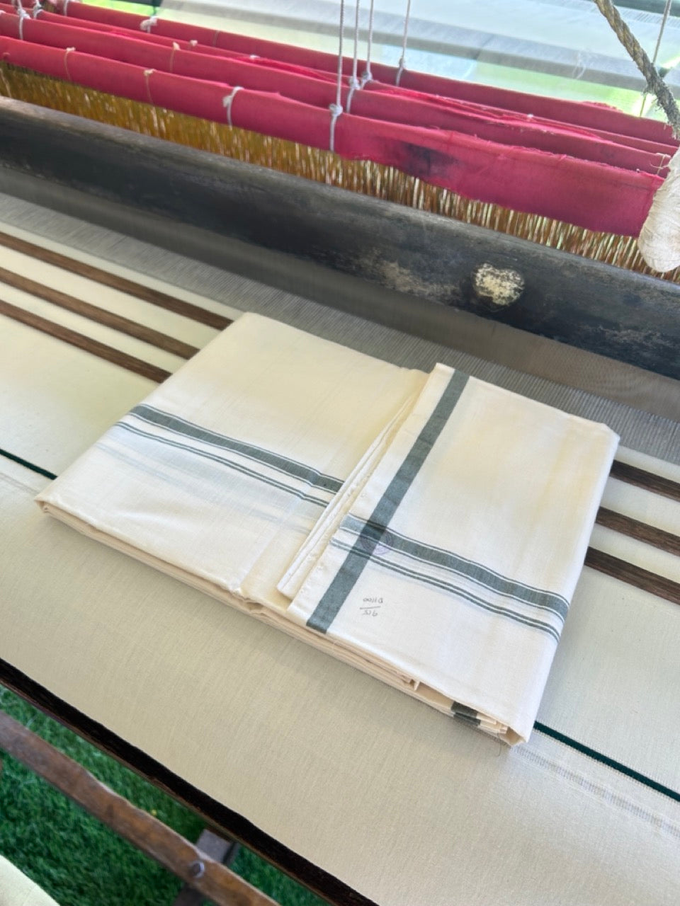 120X120 PREMIUM Kaitharikada Exclusive - 25% DISCOUNT! BALARAMAPURAM HANDLOOM Unakkupaavu - 100% PURE Cotton Double Mundu/Dhoti OFF WHITE (Unbleached) - 1 inch Green Striped Kara - 7KK477KAL