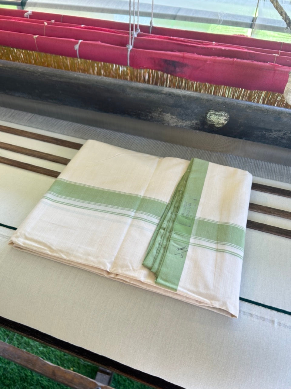 120X120 PREMIUM Kaitharikada Exclusive -25% DISCOUNT! BALARAMAPURAM HANDLOOM Unakkupaavu - 100% PURE Cotton Double Mundu/Dhoti OFF WHITE (Unbleached) - 2 inch Light Green Striped Kara - 6KK477KAL